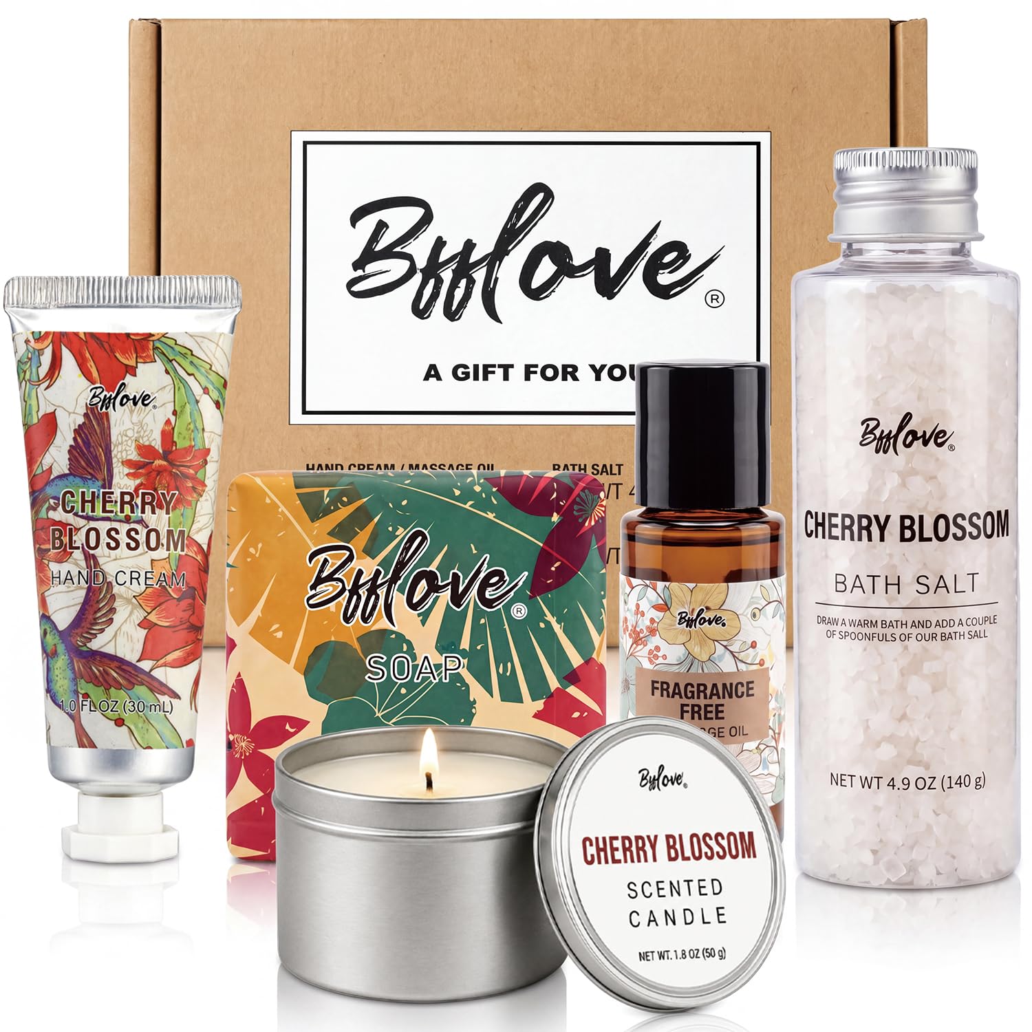 Gifts for Women, 5-piece Gift Box for Women, Cherry Blossom Birthday Gift Sets, Spa Sets, Bath Salt, Hand Cream, Soap, Massage Oil And Scented Candle. Wellness set for women, Mother's Day gift