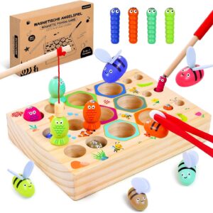 Magnetic Fishing Game, 3 in 1 Wooden Fishing Toy for Kids, Montessori Toy, Educational Games, Gift for 3 Year Old Boys and Girls for Birthday or Christmas