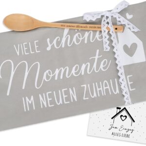 Housewarming Gift – Many Beautiful Moments in the New Home Tea Towel, Wooden Cooking Spoon and Card, Housewarming Gifts for Home (Housewarming)