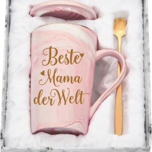 Mother’s Day Gifts for Mum, Mother Gift Mother’s Day, Best Mum in the World Mug, Gift for Mother, Birthday Gift, 400 ml Pink Ceramic Marble Mug with Lid, Spoon, Gift Box