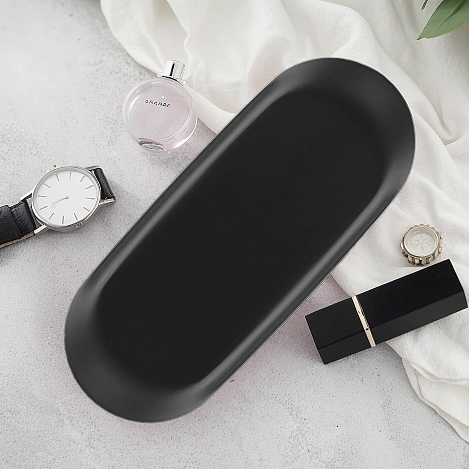 Set of 2 Decorative Trays Stainless Steel Serving Tray Metal Oval 23 x 9.5 cm Jewellery Tray Small Storage Tray Ceramic Black for Desserts, Cosmetics, Jewellery, Candles, Keys (Black) – Bild 4