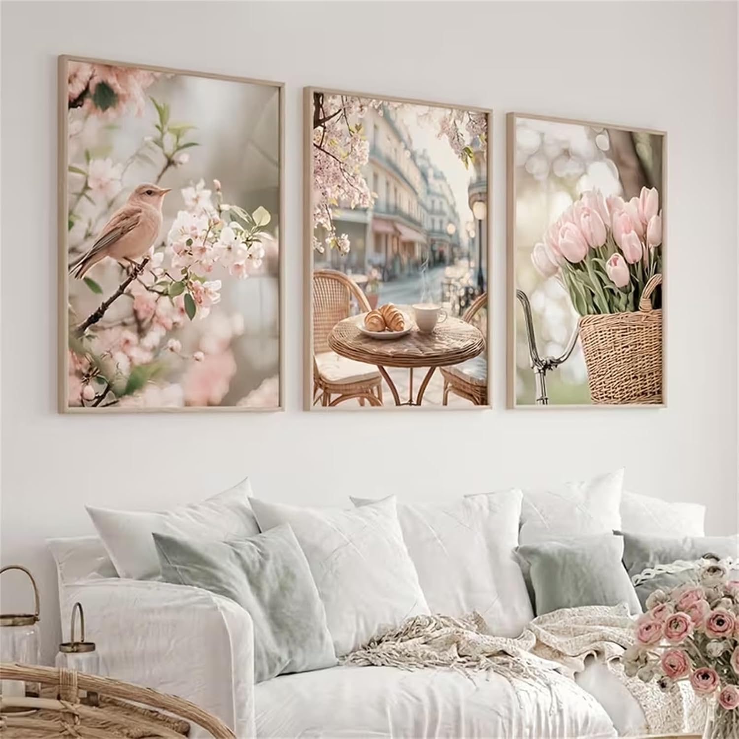 Meuzzvor Set of 3 Canvas Wall Pictures Spring Tulips & Birds Aesthetic Pictures Living Room Poster Wall Decoration Bedroom Picture Modern Wall Art Gift (40 x 50 cm) – Bild 4