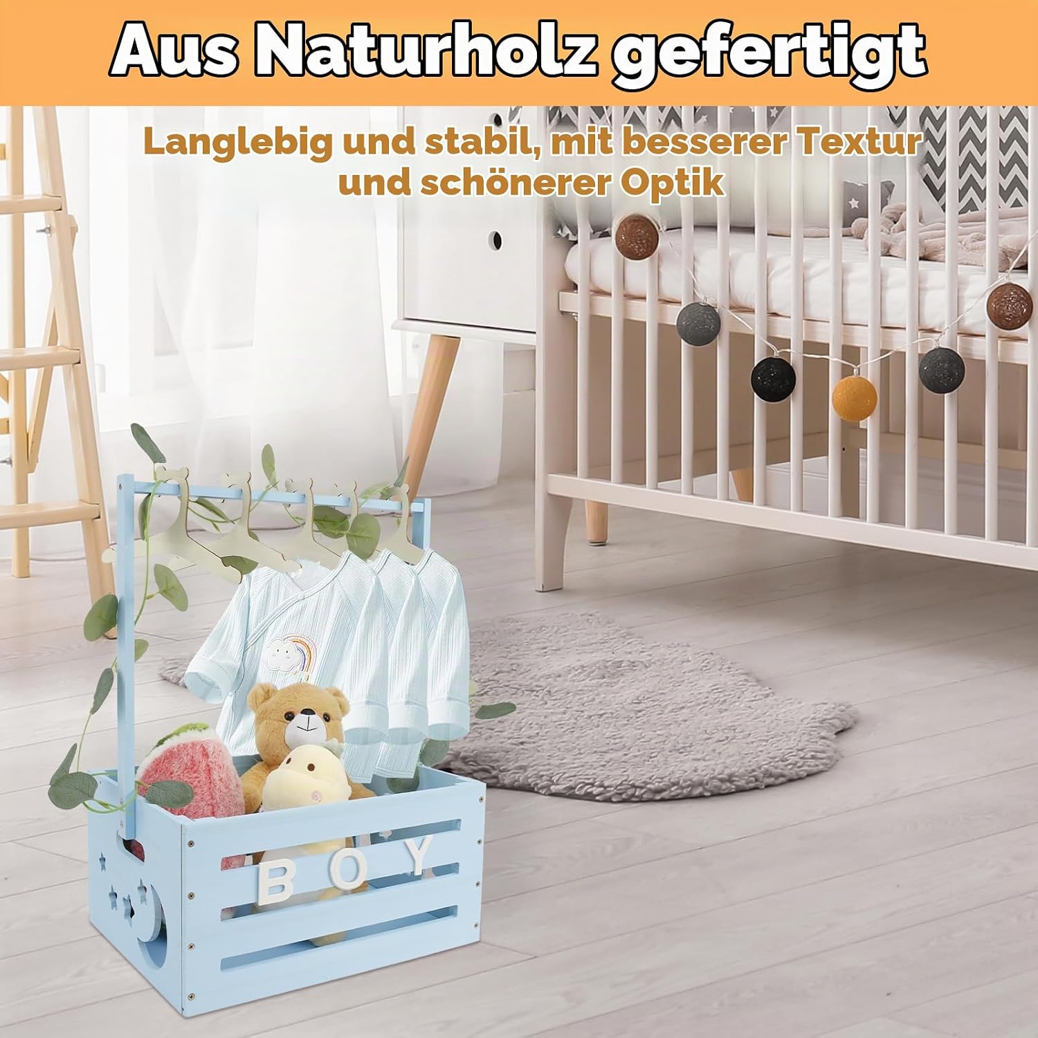 Baby Basket with Handle, Wooden Baby Shower Cupboard, Practical Wooden Box for Baby Shower with Pole, Cabinet for Baby Shower Boxes, Wooden Laundry Basket, Children's Wooden Baby Shower Gift (Blue) – Bild 7