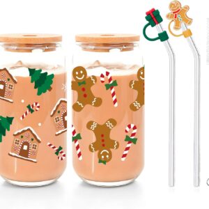 Christmas Glasses 16 oz Drinking Glasses Christmas with Lid and Straw, Gingerbread Man Christmas Tree Christmas Cup with Straw Cover, Christmas Gift for Women, Men, Children