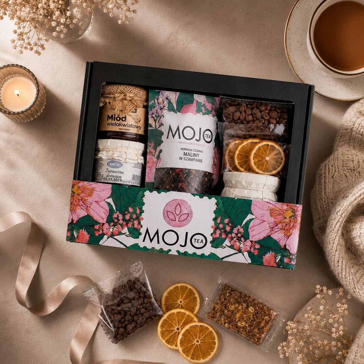 MOJO TEA Delicatessen Thank You Box Gift Basket Coffee Tea Honey Jam Gift Box with Fruit Tea, Arabica Coffee, Flower Honey, Lemons in Syrup, Cranberry Jam, Sweets - Gift Box – Bild 7
