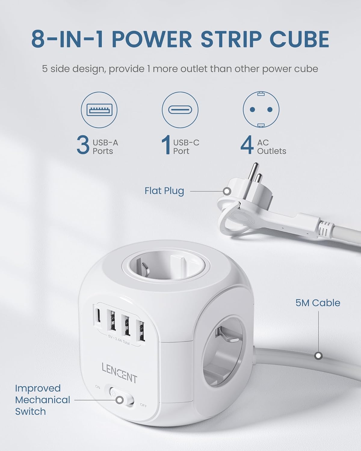 LENCENT 4-Way Socket Strip, Flat Plug, Socket Cube, 8-in-1 Power Strip, with 3 USB A and 1 USB C Port, 5-Metre Cable, for Wall Socket – Bild 2