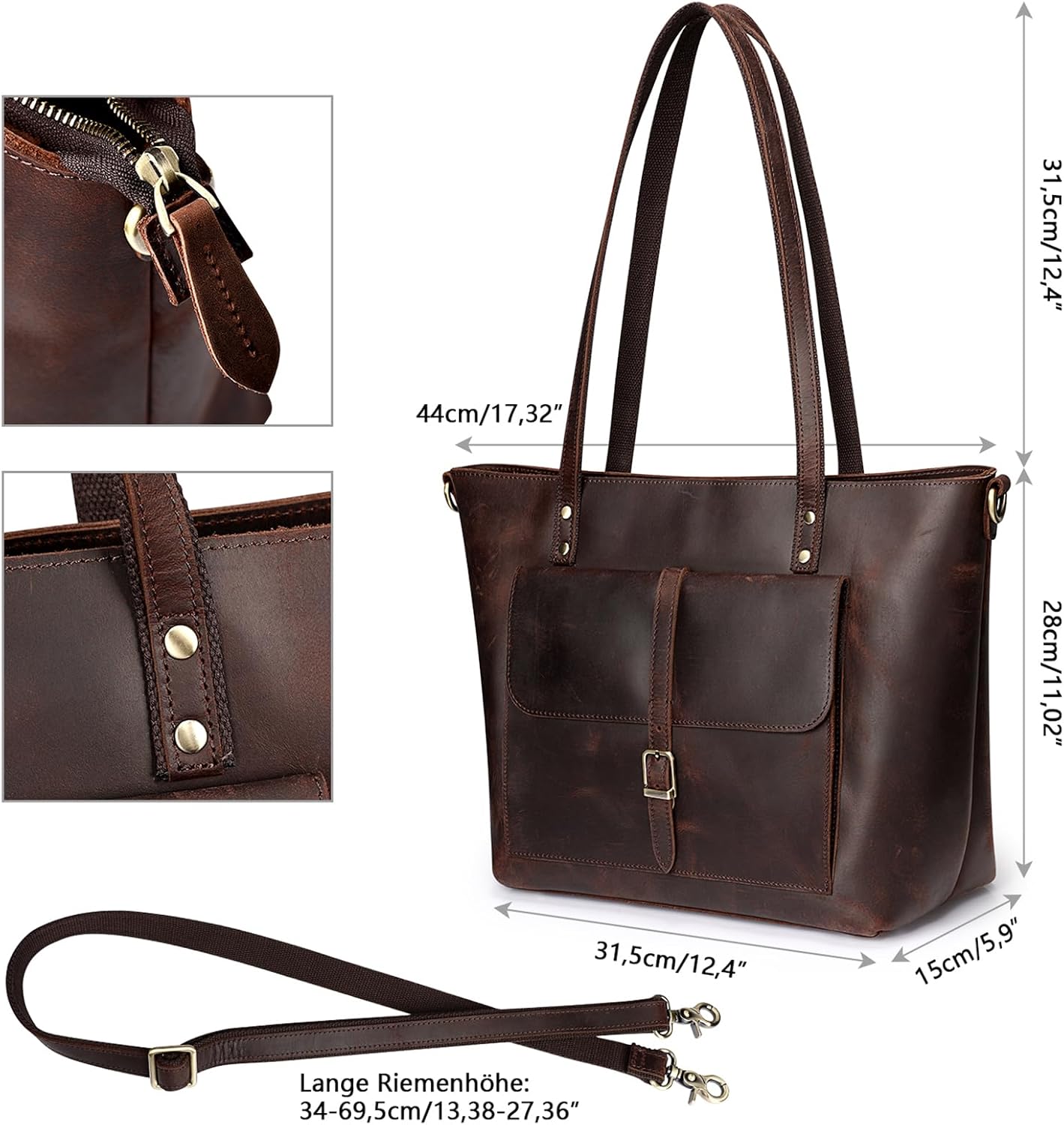 S-ZONE Women's Shoulder Bag Vintage Genuine Leather Large Shopper Handbag Handbag Laptop Bag Work School Shopping Travel – Bild 5