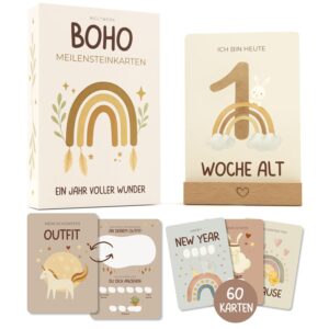 Milestone Cards Baby [Boho] 60 Month Cards with Writeable Backs – Includes Gift Box and Wooden Stand – Gift for Pregnancy, Baby Shower and Birth