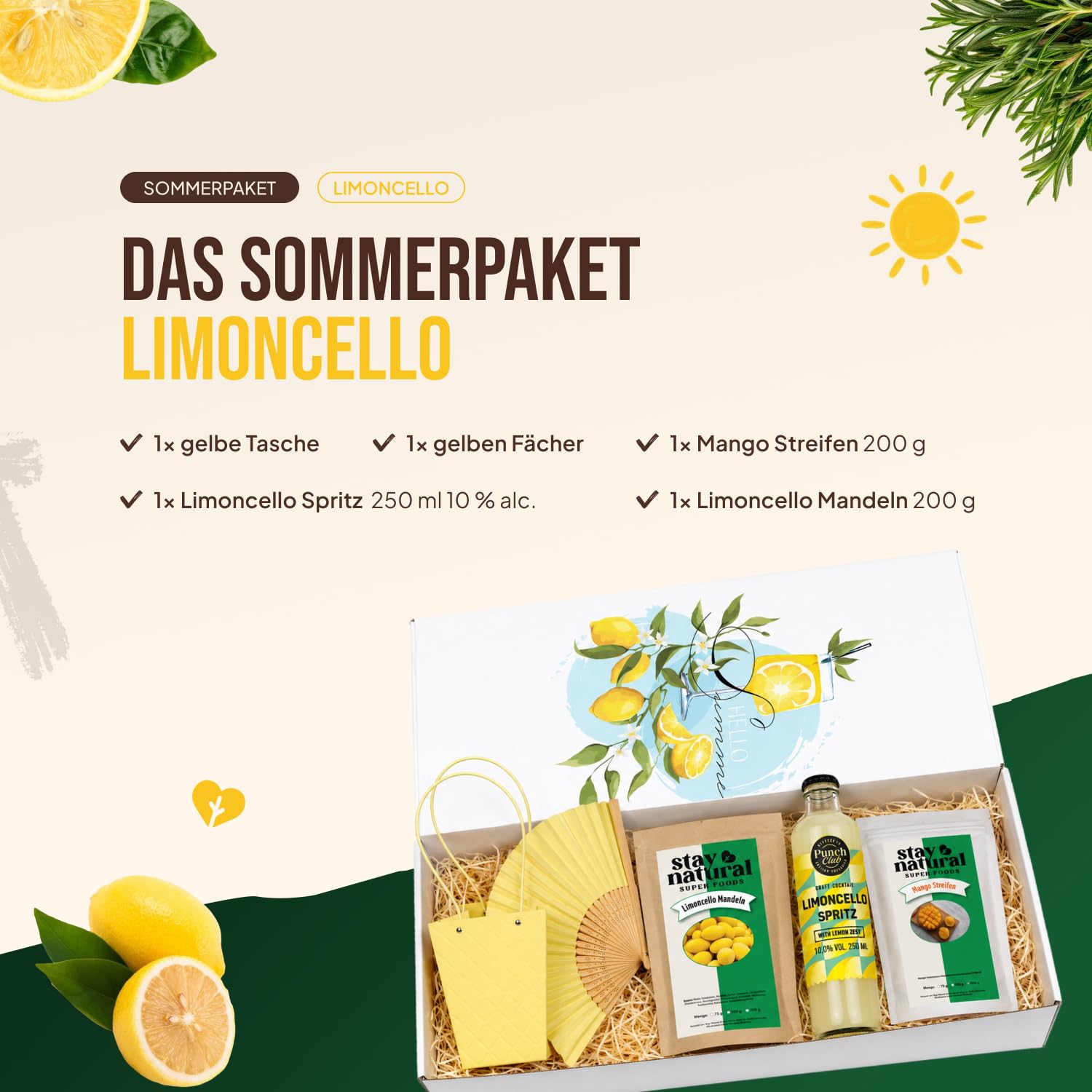 Stay Natural Summer Package "Lemon" - Gift Set with Limoncello Splash, Limoncello Almonds, Mango Stripes, Fans & Carry Bag, Delicatessen Gift for Summer, Picnic & Holiday – Bild 2