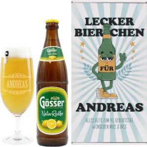Herz & Heim Personalised Gift Set for Men "Delicious Beer" with Engraved Glass and a Bottle of Beer - Gift for Father's Day or Birthday (1 Bottle, Gösser NaturRadler)