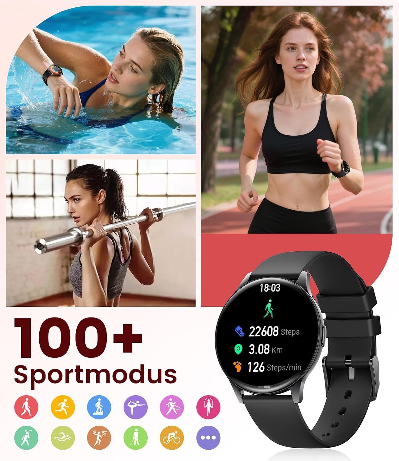 Women's Smartwatch (2 Bracelets), Premium Metal Bracelet, 1.43 Inch HD AMOLED Display, 120+ Sports Modes, Fitness Watch with Sleep Tracking, Phone Function, Watch for iOS Android, Black – Bild 3