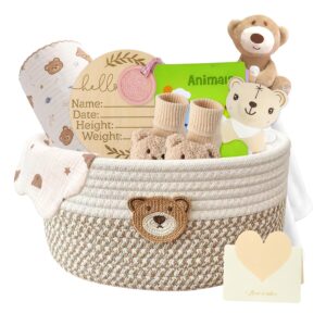 Baby Gift, 10 Pieces Large Gift Basket for Newborns, Baby Gift Set for Boys/Girls, Sensory Book, Baby Blanket, Changing Socks, Rattle, Bib, Milestone Cards