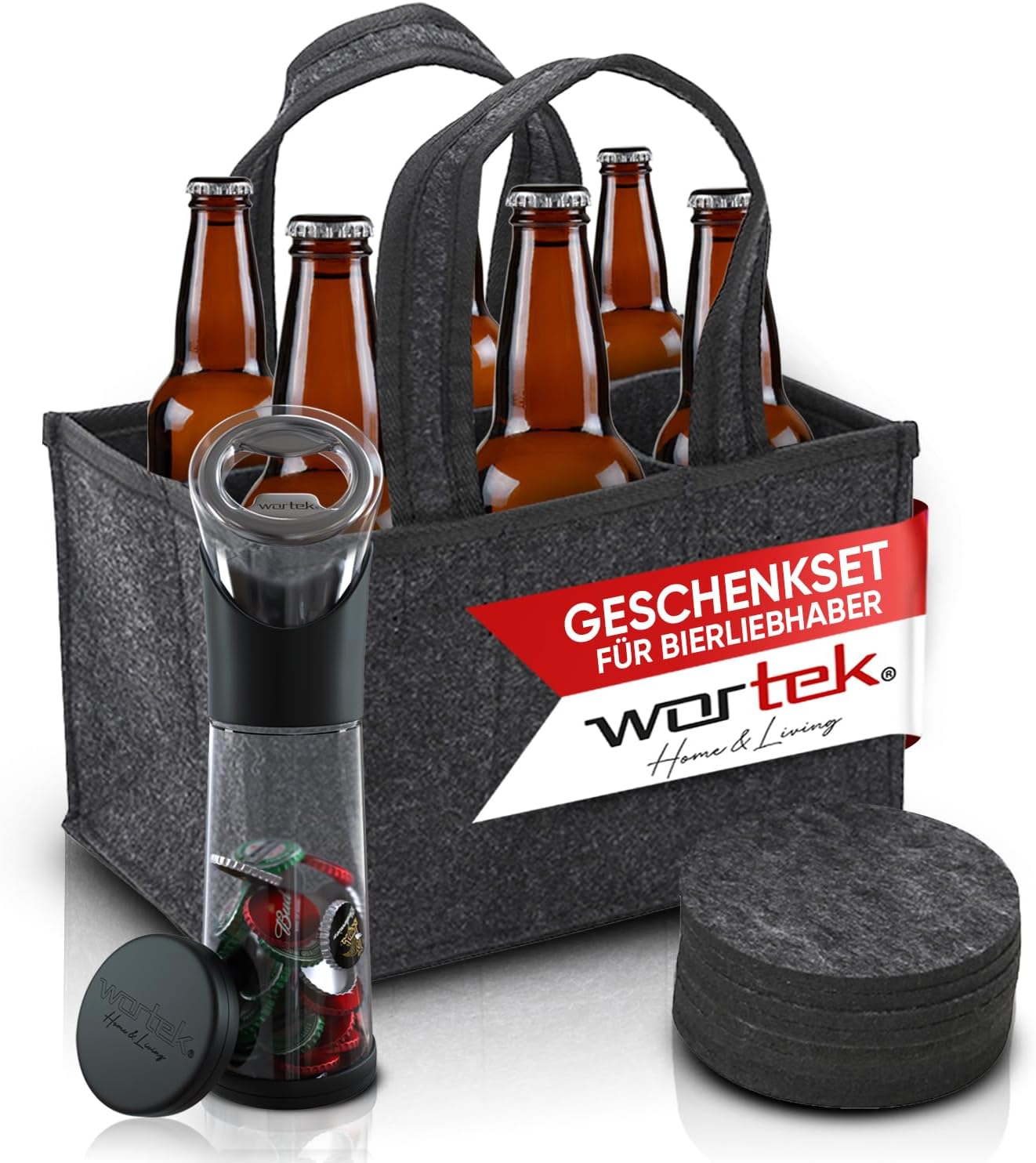 wortek Gift Set Men's Gifts - Men's Handbag Beer Made of Felt with 6 Compartments - Bottle Opener with Collection Container - Coaster Glasses Set of 6 - Funny Gifts for Men and Beer Lovers