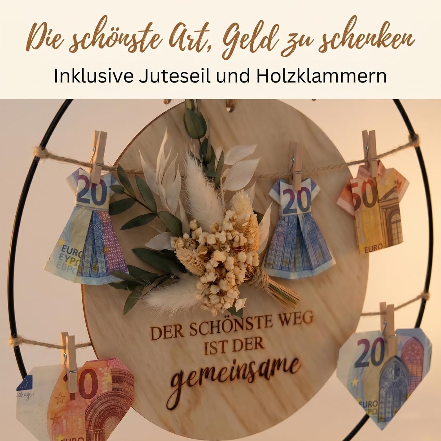 Wedding Money Gift - Creative Money Gifts for Bride and Groom Made of Wood & Metal Ring, Boho Wedding Gift with Eucalyptus and Saying "Der schönste Weg ist der gemeinsame", Money Packaging – Bild 6