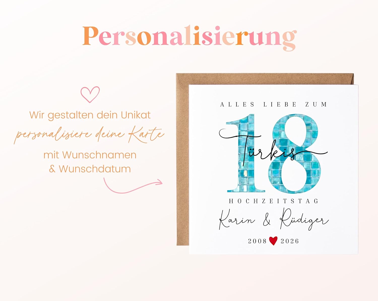 18th Wedding Anniversary Gift Turquoise Wedding Card Premium Congratulations Card Turquoise Wedding Folding Card for 18th Anniversary Personalised with Name Wedding Anniversary – Bild 2