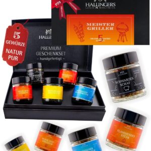 Hallingers Genuss Manufaktur Spice Gift Set – 5 Spices from around the World in High-Quality Gift Box with Recipe Booklet "Meistergriller", Gift Idea for Men and Friends
