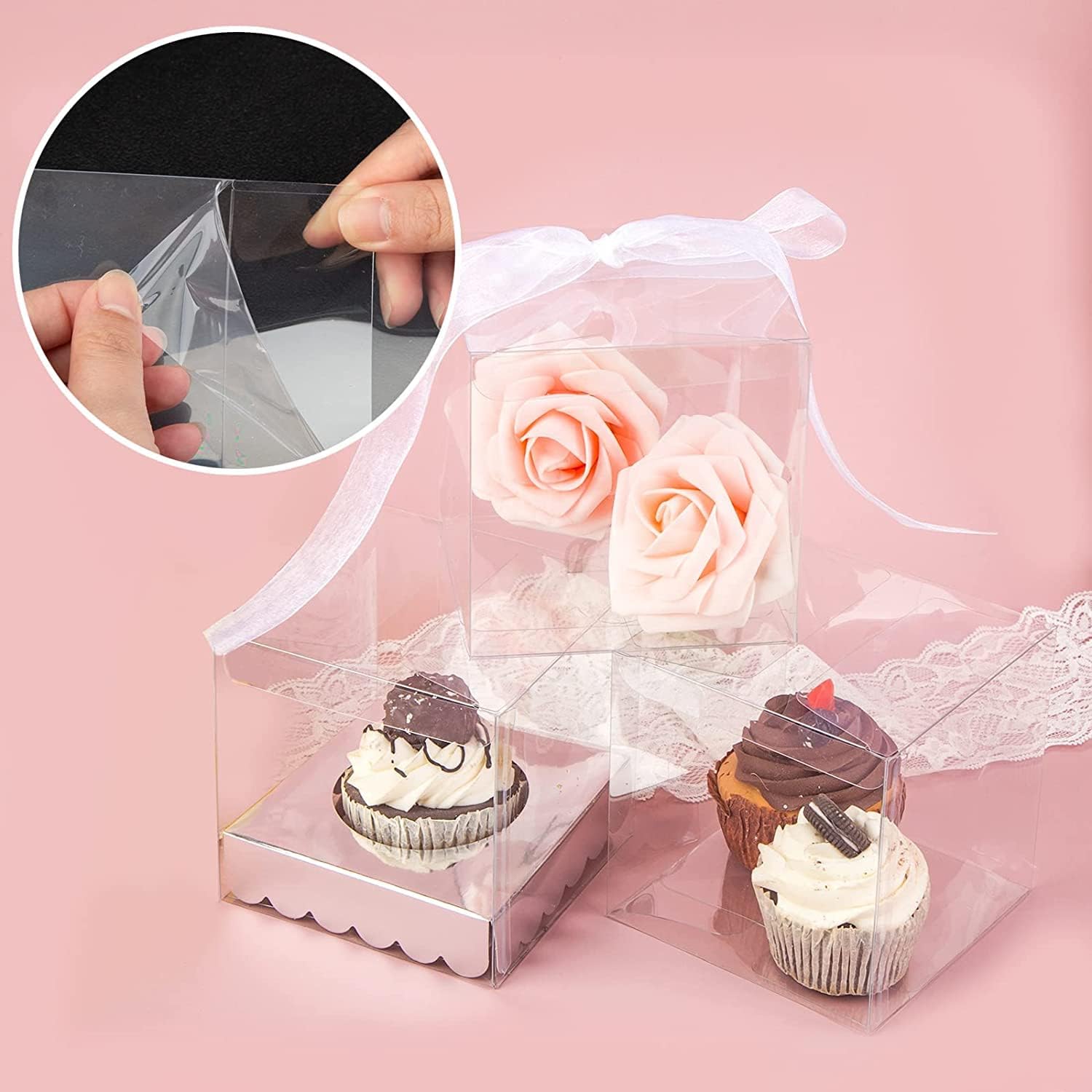 LATERN Pack of 20 Clear Cake Boxes, 9 x 9 x 11.5 cm, Transparent Gift Box with Silver Base and Ribbon for Packaging, Cakes, Macaron, Sweets, Cookies - for Wedding, Baby Shower, Party Favours – Bild 5