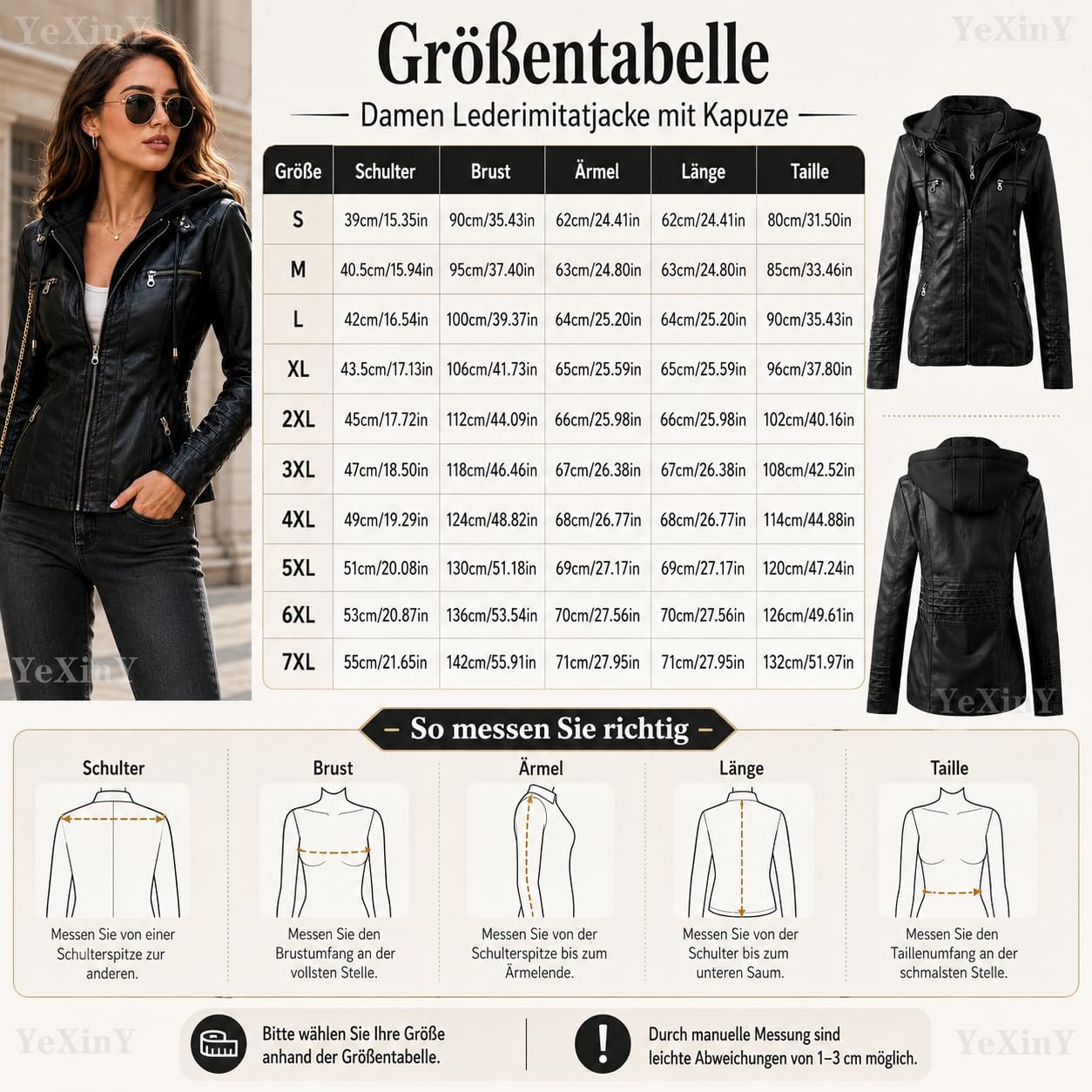 Generisch Leather Jacket Women's Faux Leather Jacket Women's Leather Jacket with Hood, Long Sleeve Hooded Jacket Motorcycle Jacket Slim Fit Hoodie Coat Zip Streetwear Women Transition Jacket – Bild 6