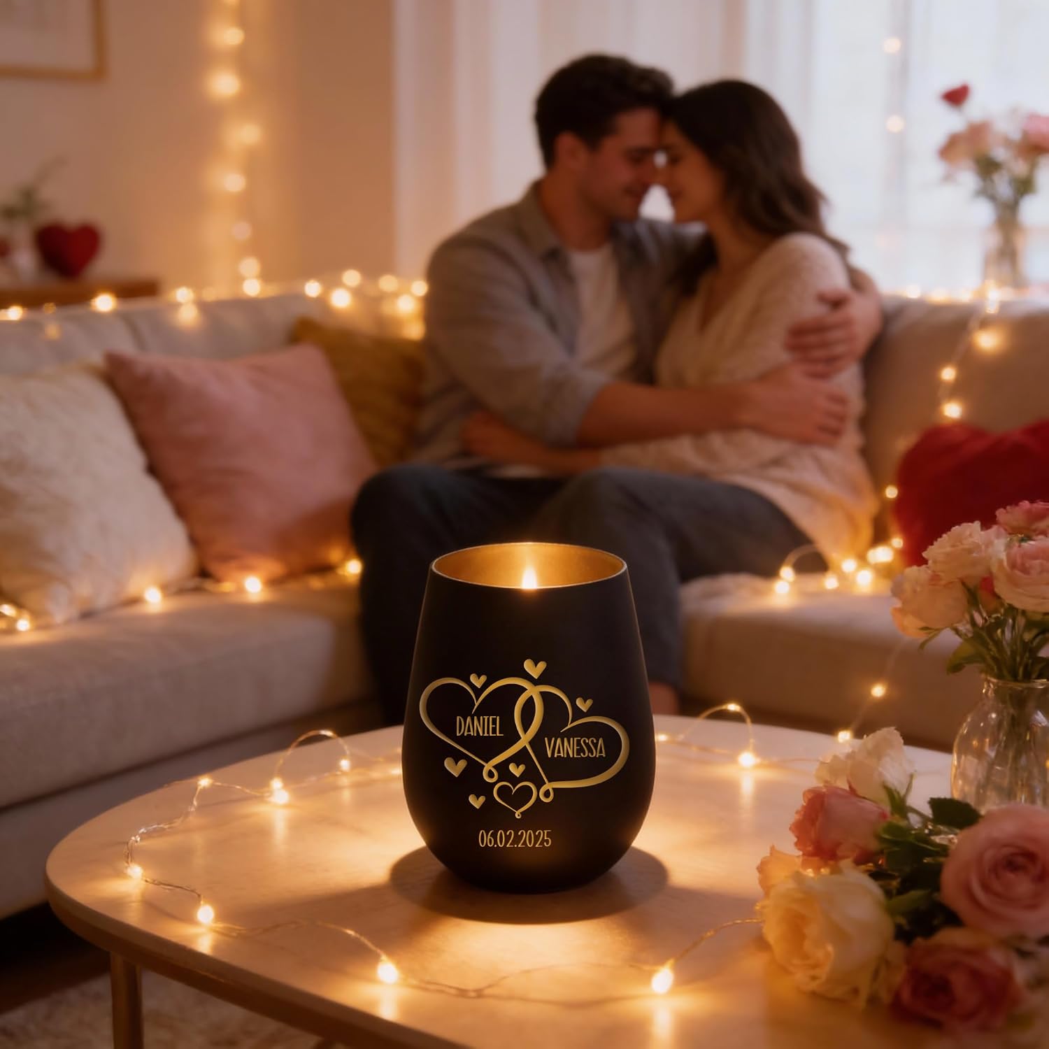 Engraved Lantern - Personalised Hearts with Name and Date - Anniversary Birthday or Valentine's Day Gift - Black – Bild 6