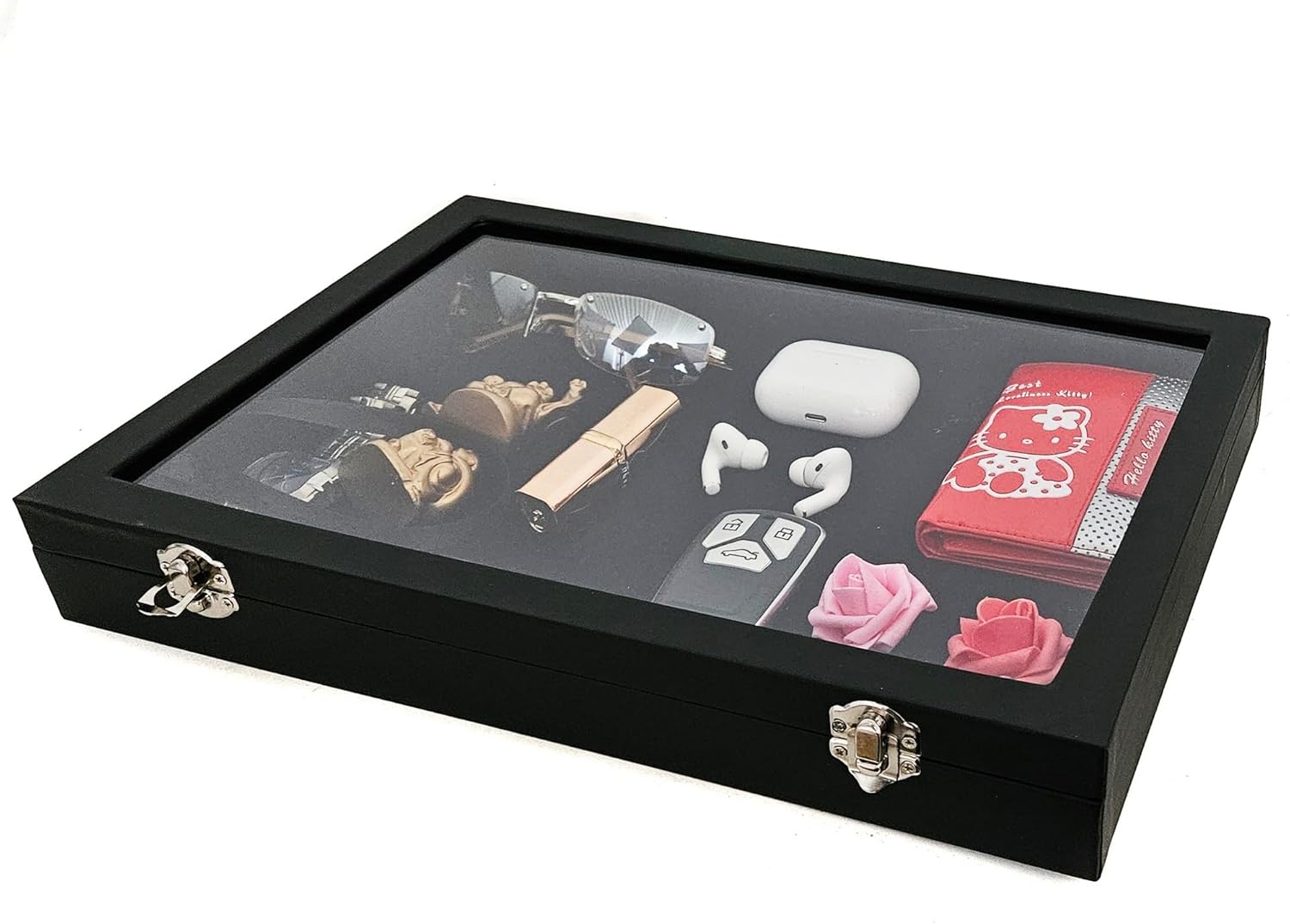 Yudu Multi-Purpose Display Case Jewellery Tray Glass Lid without Divisions Black – Bild 4
