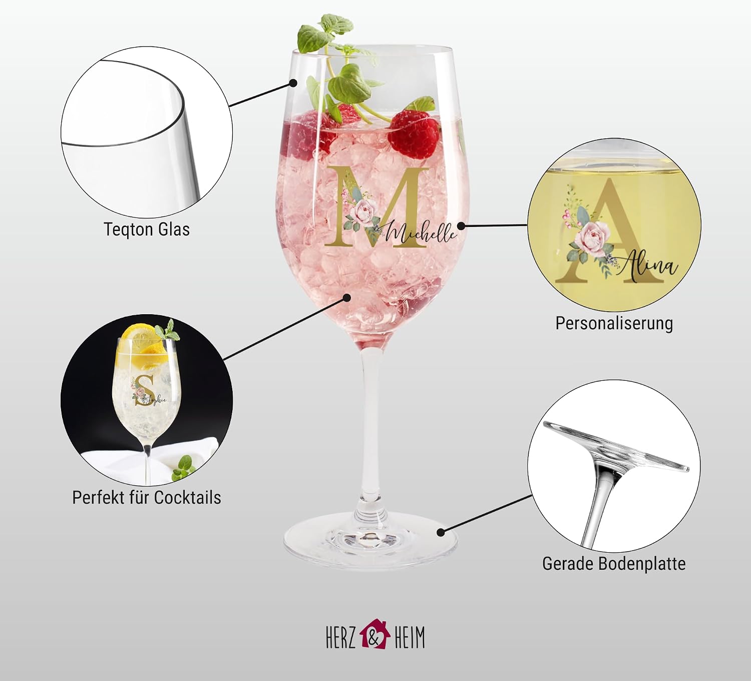 Herz & Heim® Beautiful Gift For Women, Wine Glass with Personalisation for Christmas or Birthdays, Monogram with Flowers – Bild 5