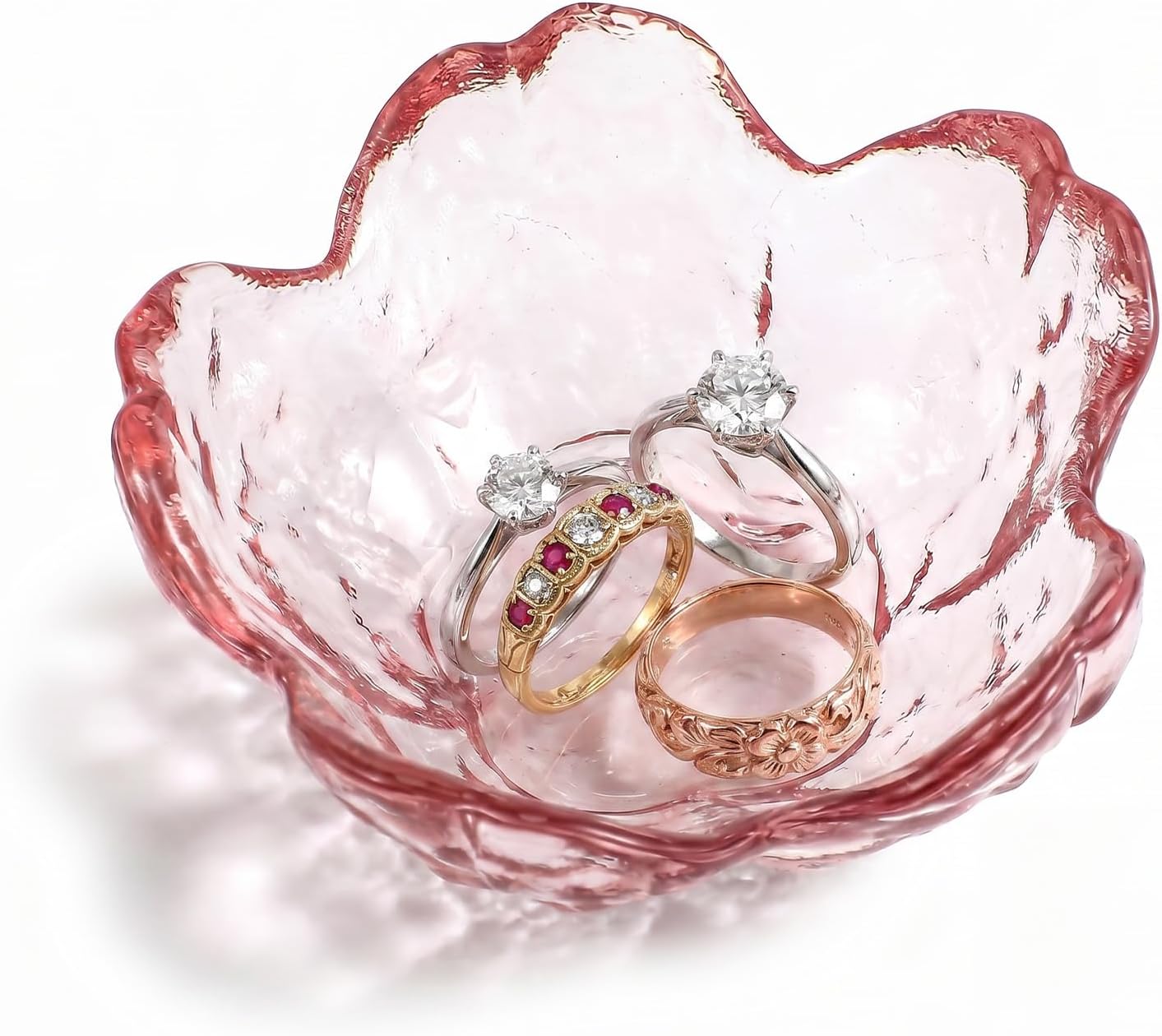 Bremorou Jewellery Tray with Pink Flower Jewellery Tray Cute Dressing Table Organiser Ring Holder Jewellery Tray for Aesthetic Room Decoration Bedside Table (8 x 8 x 3.5 cm)