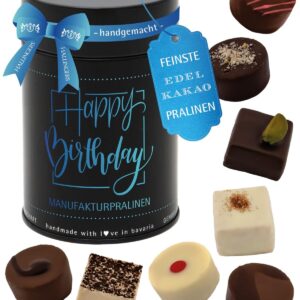 Hallingers Genuss Manufaktur Chocolates Birthday Gift – Without Alcohol, Handmade from Confectionery Fine Cocoa in High-Quality Gift Tin „Happy Birthday“, Gifts for Women Men
