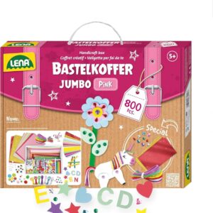 Lena 42664 Jumbo Craft Case with 800 Pieces in Pastel Colours, Material for Crafts, with Foam Rubber, Coloured Paper, Rhinestones, Pompoms, Ribbons, Buttons, Googly Eyes and Much More, Ages 5 & Up
