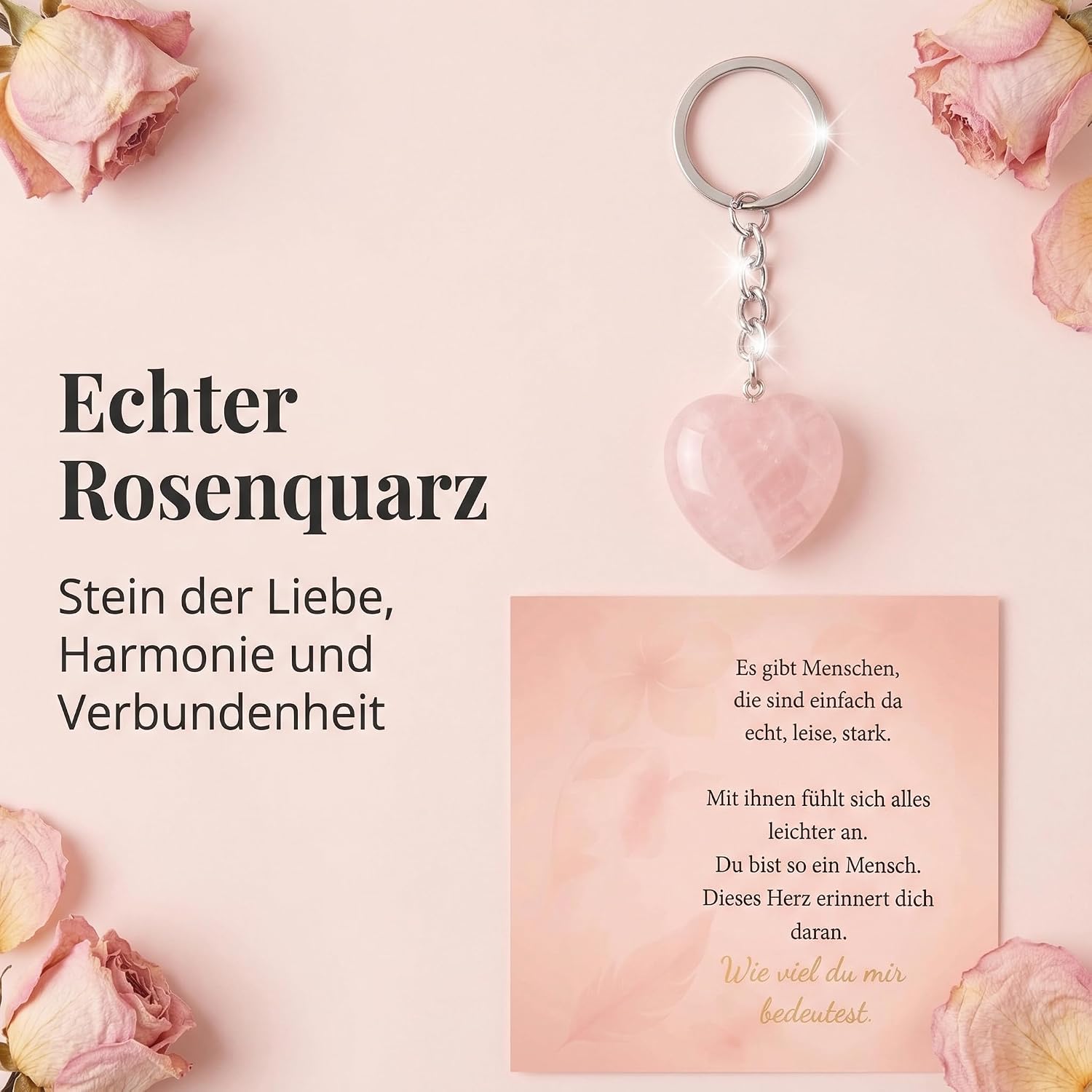 Gift Girlfriend - Gift Box with Heart Keyring Rose Quartz, Wooden Card & Lucky Charm - Personal Thank You Gift for Best Friend, Maid of Honour, Colleague, Birthday & Valentine's Day – Bild 5