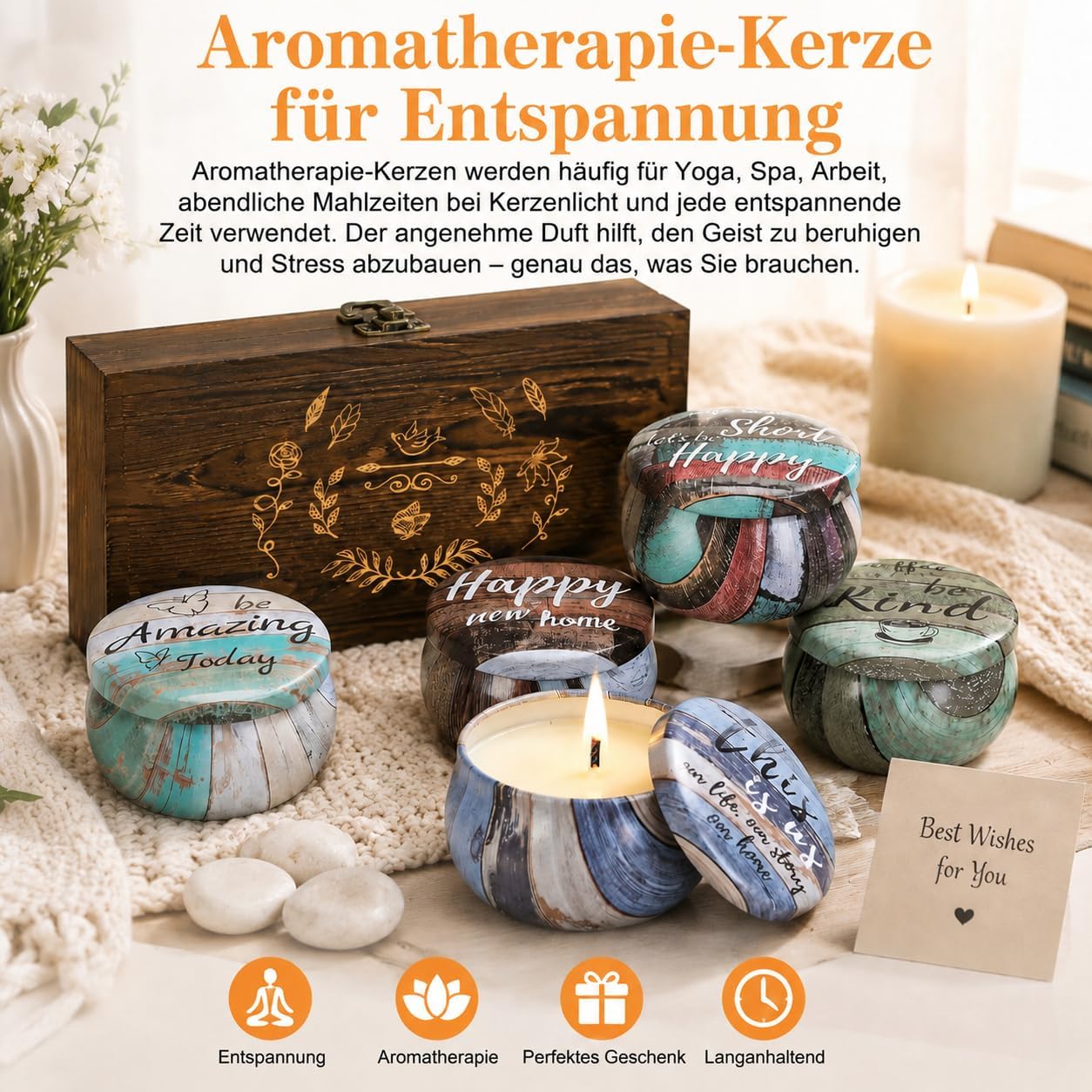 Gifts for Women Scented Candles Set with Decorative Wooden Box Set of 6 Candles with Sayings Natural Soy Wax Candle for Birthday Gift Set for Men and Women – Bild 4