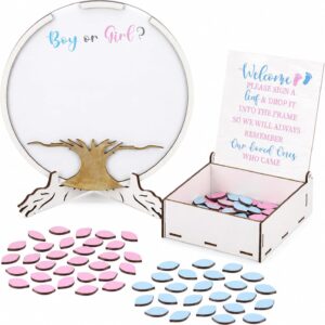 Wooden Tree of Life Gender Reveal Guest Book Set, Boy or Girl Baby Shower