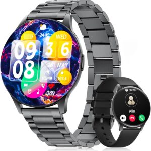 Women’s Smartwatch (2 Bracelets), Premium Metal Bracelet, 1.43 Inch HD AMOLED Display, 120+ Sports Modes, Fitness Watch with Sleep Tracking, Phone Function, Watch for iOS Android, Black