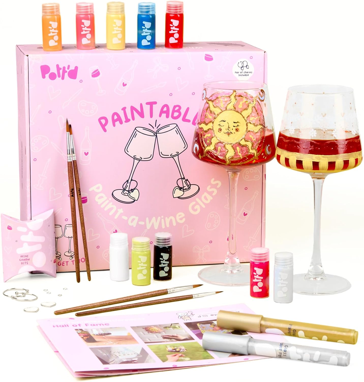Pott'd Paintables Paint Wine Glasses - DIY Glasses Painting Set for Adults with Wine Glasses, Enamel Paints, Brushes, Pens and Pendants - Craft Kit for Beginners