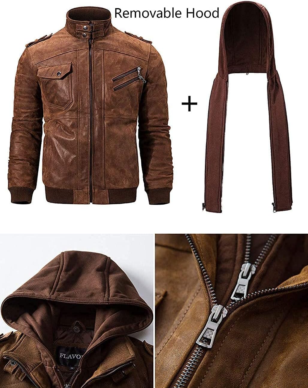 FLAVOR Genuine Leather Jacket, Men's Removable Hoodie – Bild 5