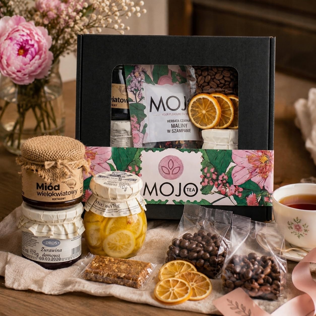 MOJO TEA Delicatessen Thank You Box Gift Basket Coffee Tea Honey Jam Gift Box with Fruit Tea, Arabica Coffee, Flower Honey, Lemons in Syrup, Cranberry Jam, Sweets - Gift Box – Bild 3
