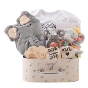 Baby Gift Set, Newborn Gift for Birth Baby Shower Bath Towel Milestone Baby Blanket Romper Socks Baby Wooden Crochet Grasping Toy Rattle Toy Photo Requisten (For Boy)