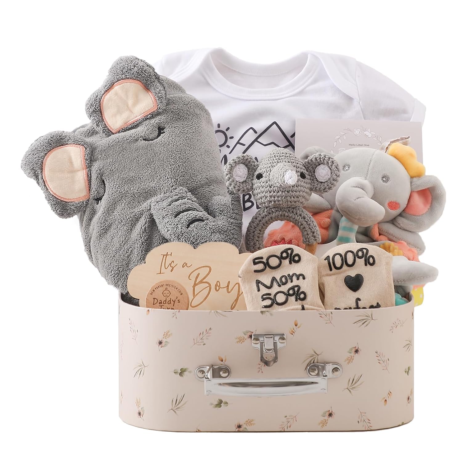 Baby Gift Set, Newborn Gift for Birth Baby Shower Bath Towel Milestone Baby Blanket Romper Socks Baby Wooden Crochet Grasping Toy Rattle Toy Photo Requisten (For Boy)
