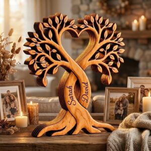 Personalised Wooden Heart Tree with Name, Romantic Couple Wooden Decoration, Individual Gift for Couples & Couples, Him & Him for Wedding, Anniversary, Valentine’s Day (Style 2)