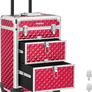 Songmics Make-Up Trolley, Cosmetic Case, Make-up case, Hairdresser’s Case, with 4 Removable, Universal Wheels, Top with 3 levels, Drawers with Slide Rails, Professional, for Travel Red