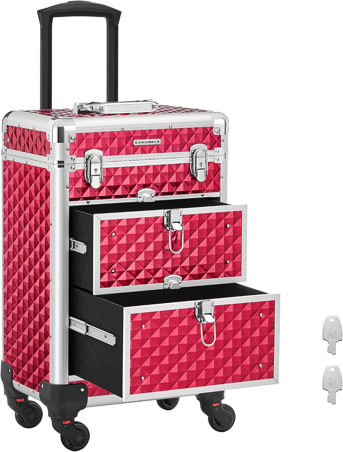 Songmics Make-Up Trolley, Cosmetic Case, Make-up case, Hairdresser’s Case, with 4 Removable, Universal Wheels, Top with 3 levels, Drawers with Slide Rails, Professional, for Travel Red