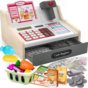 maysida Children's cash register wooden cash register with scanner and sound for children 3-5 years, toy cash register with scanner / play money / coins / debit card / shopping basket / accessories, shop accessories idea