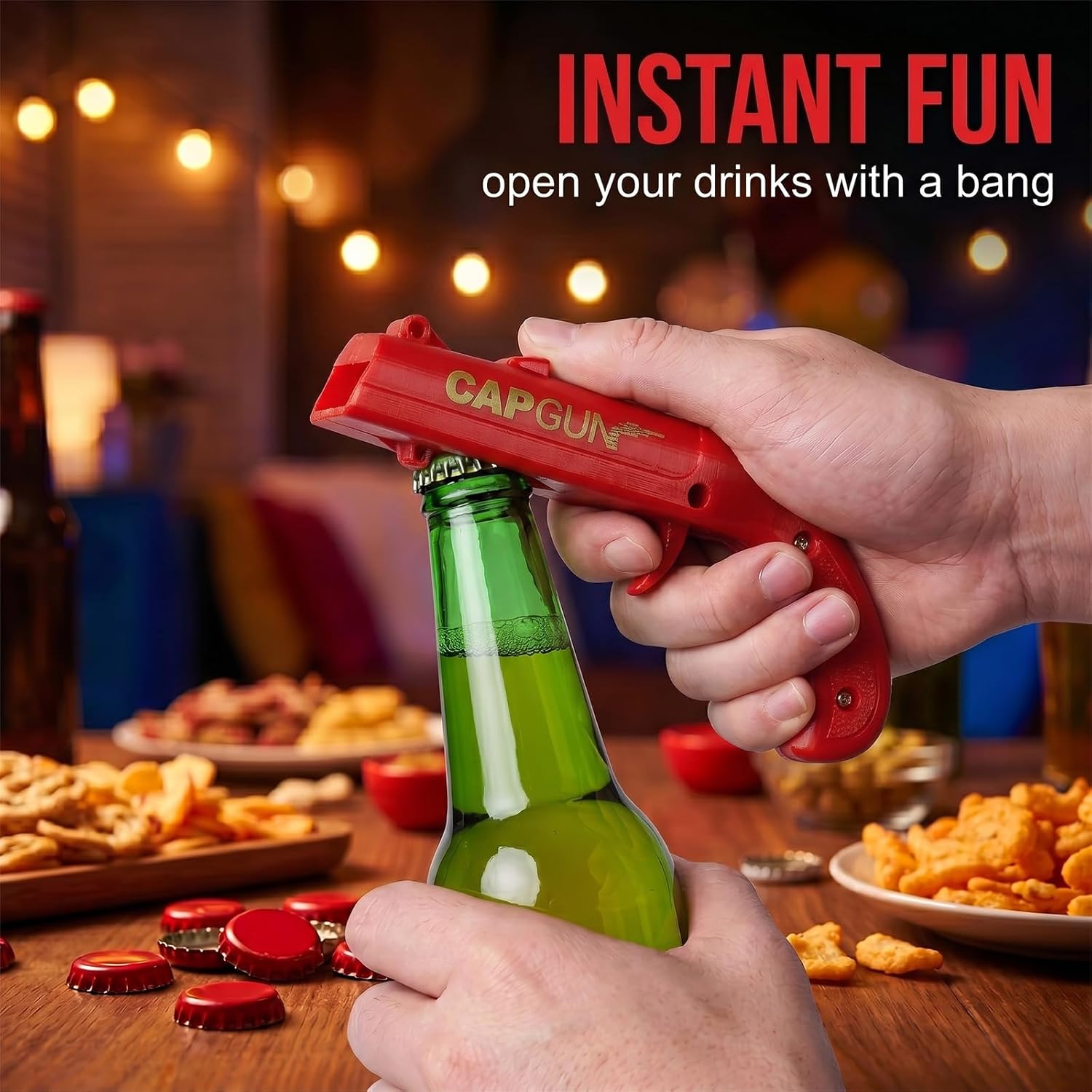 Cap Gun Bottle Opener Gun - Funny Beer Opener with Shooting Function for Parties & Bars, Creative Men's Gift & Gadget, Bottle Cap Gun Made of Durable Plastic, Red, Pack of 1 – Bild 2