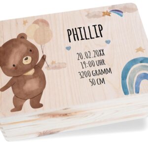 Shirtracer Baby Keepsake Box Personalised Bear and Rainbow