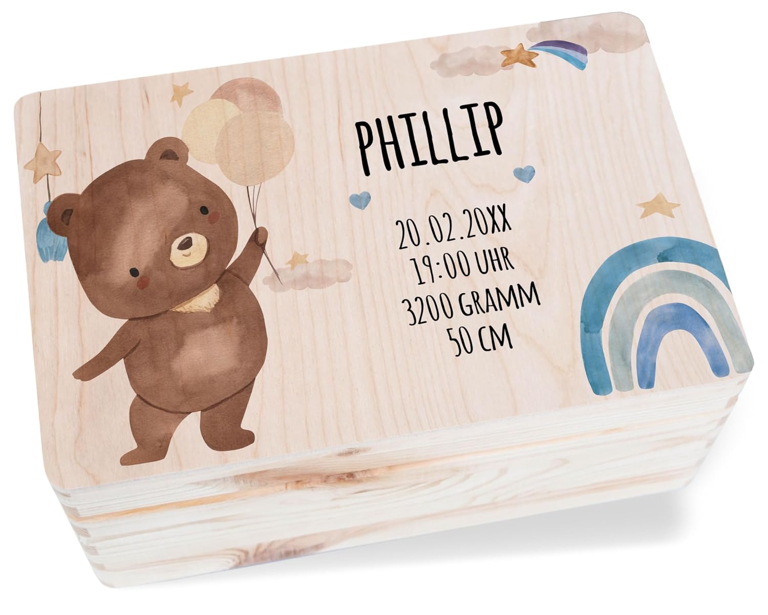 Shirtracer Baby Keepsake Box Personalised Bear and Rainbow