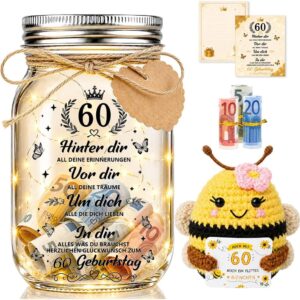60th Birthday Gift Set, LED Bottle Light with Crochet Bee, 60th Birthday Gift for Women Men, Positive Bee Lucky Charm with Birthday Card, Funny Money Gifts 60 Years