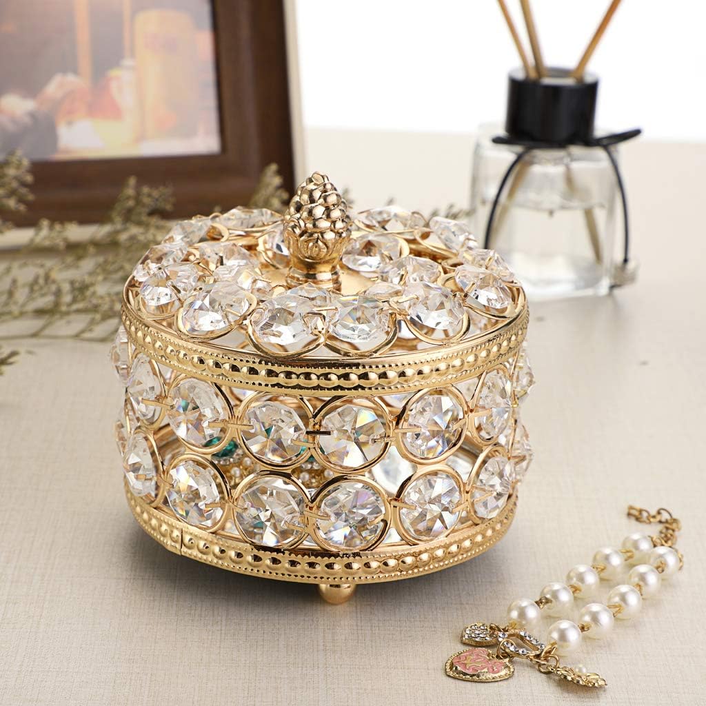 SUMTree Round Crystal Jewellery Box Lid Made of Crystal Metal Jewellery Case Jewellery Holder Jewellery Box Decoration for Living Room Bedroom Bathroom Golden Gift for Wife Girlfriend – Bild 3