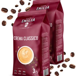 EMILIA Crema Classico Coffee Beans 2 x 1 kg - Premium Coffee Whole Beans - Medium Roast (Thickness 3/5) - Matched to Fully Automatic Coffee Machine & Portafilter - as Café Crema, Latte & Café au Lait