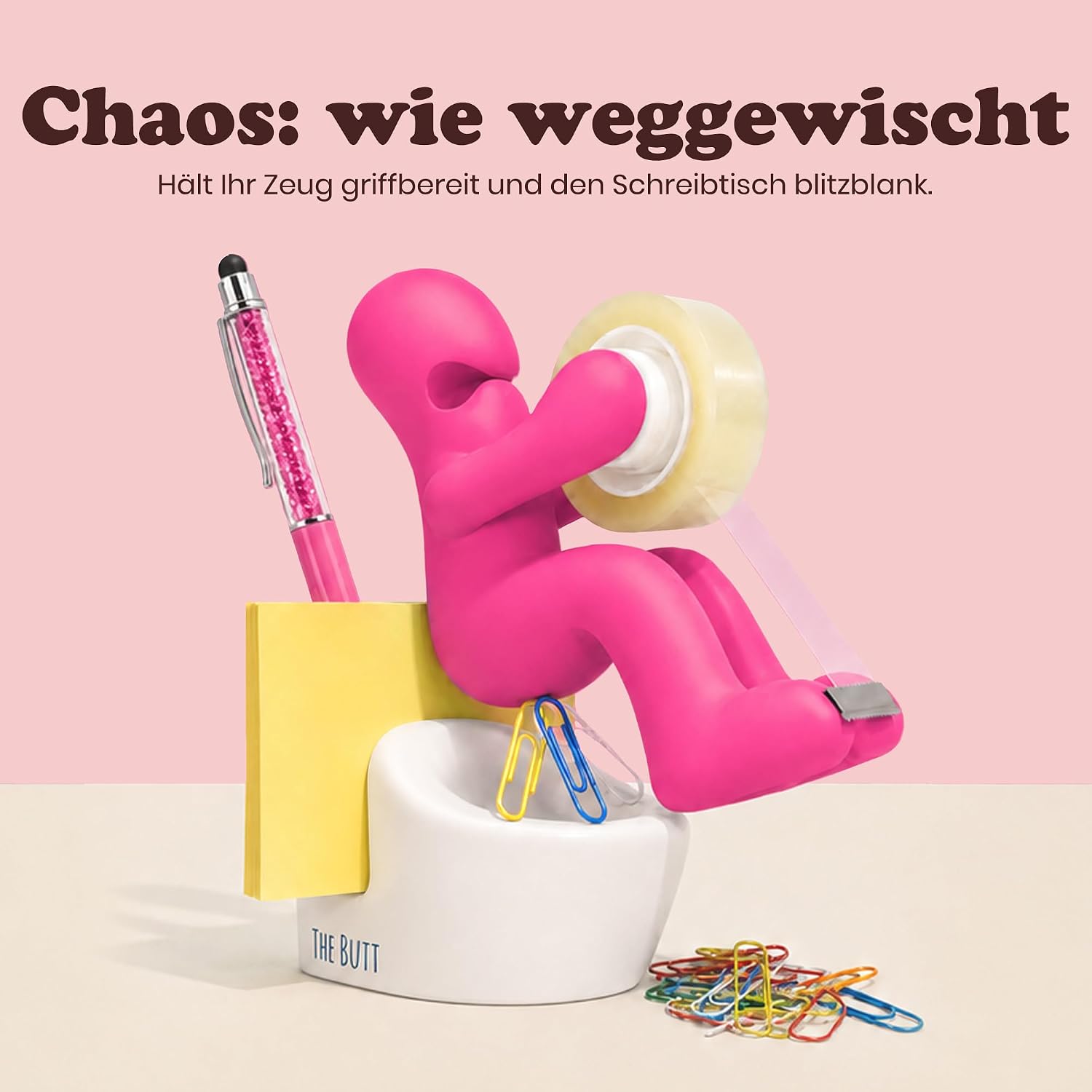 The Butt | Tape Dispenser and Supply Station | Funny Accessory for Office, Home or School | Fun Novelty Desk Tidy and Desktop Notepad Holder Includes Paper Clips, Notes and Pen | Ideal Present (Pink) – Bild 6