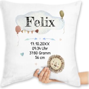 Cushion 40 x 40 cm Decorative Cushion - Birth Gift Baby Gift for Birth Boy Lion - 40 x 40 cm - White - Personalised Baby Gift Newborn Name Pillow Birth Pillow Newborn Gifts