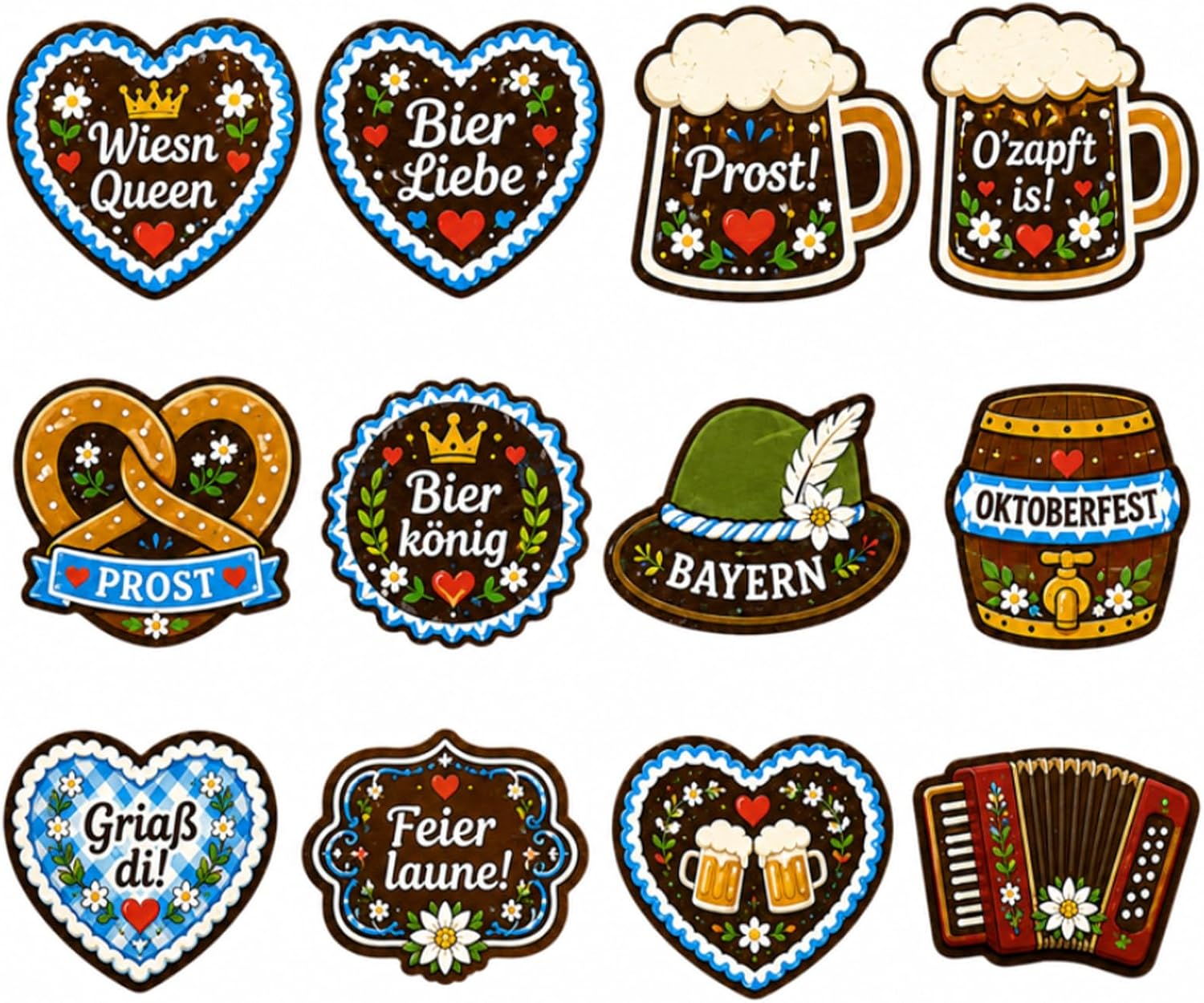 Set of 12 Oktoberfest Badges Felt Set, Oktoberfest Accessories with Gingerbread Heart, Beer Mug, Pretzel Bavaria Hat Motifs, Oktoberfest Decoration for Dirndl Costume Oktoberfest Women's Outfit